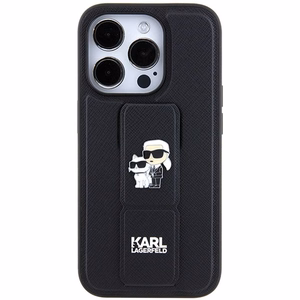 Karl Lagerfeld Gripstand Saffiano Karl&Choupette Pins viedtālruņa apvalks iPhone 14 Pro - melns