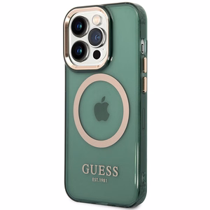 Viedtālruņa apvalks Guess GUHMP14LHTCMA iPhone 14 Pro 6.1" zaļa/haki cietais apvalks Zelta Kontūra Caurspīdīgs MagSafe