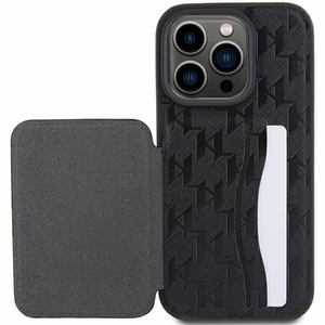 Karl Lagerfeld Saffiano karšu slotiņas un statīvs monogramma Choupette apvalks iPhone 15 Pro - melns