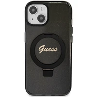 Guess viedtālruņa apvalks ar statīvu Ring Stand Script Glitter magnētiskais iPhone 15 Plus / 14 Plus - melns