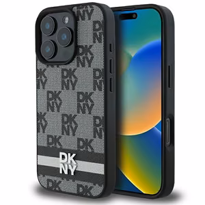 DKNY Checkered Pattern & Printed Stripes Case for iPhone 16 Pro Max - Black