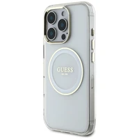 Guess IML Metal Colored Circle Classic Logo Magnētiskais viedtālruņa apvalks iPhone 16 Pro - balts
