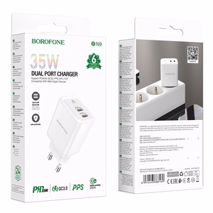 Borofone Sienas lādētājs BN9 Reacher - 2xType C - QC 3.0 PD 35W balts