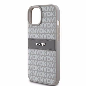DKNY Ādas mono svītra un metāla logotips viedtālruņa apvalks iPhone 15 Plus / 14 Plus - bēšs