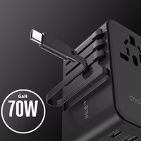 Ceļojumu adapteris Choetech PD5022 70W EU/US/AUS/UK ar iebūvētu USB-C kabeli (melns)