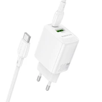 Borofone Lādētājs BN27 USB + Type C - QC 3.0 PD 20W ar Type C uz Type C kabeli balts