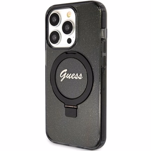 Guess viedtālruņa apvalks ar statīvu Ring Stand Script Glitter magnētiskais iPhone 15 Pro Max - melns
