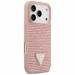 Guess viedtālruņa apvalks iPhone 17 Pro ar krištolisku trikampja logotipu - rozā