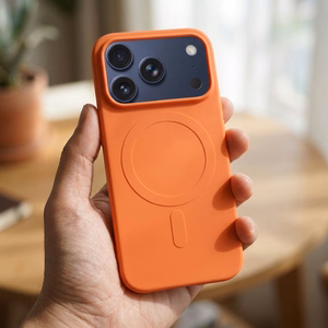 Silikona Mag Cover maciņš modelim iPhone 17 Pro / 18 Pro, saderīgs ar MagSafe ar lielu kameras izgriezumu – oranžs