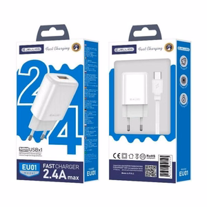 Lādētājs Jellico EU01 2.4A USB-A + USB-A uz USB-C kabelis 1.0m, balts
