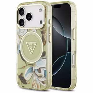 GUESS viedtālruņa apvalks IPHONE 17 Pro Max, saderīgs ar MagSafe GUHMP17XHFLPEDN (IML metāla spīdīgie ziedi trīsstūris) zaļš