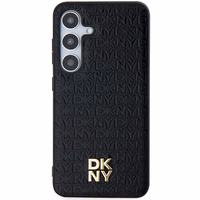 DKNY Ādas raksts metāla logotips MagSafe apvalks viedtālrunim Samsung Galaxy S24 - melns