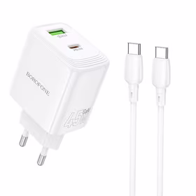 Borofone sienas lādētājs BN30 Cargador GaN - USB + Type C - QC 3.0 PD 45W ar Type C uz Type C kabeli balts