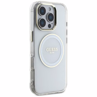 Guess IML Metal Colored Circle Classic Logo Magnētiskais viedtālruņa apvalks iPhone 16 Pro - balts
