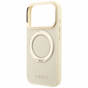 Guess Grained Classic Logo vāciņš modelim iPhone 18 Pro / 17 Pro, ar 360° gredzenu-statīvu, saderīgs ar MagSafe – bēšs