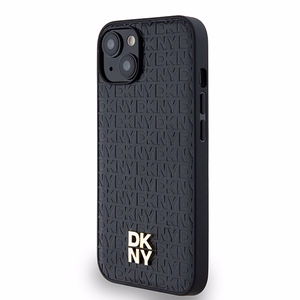 DKNY Ādas monogrammas raksta ar metāla logotipu magnētiskais viedtālruņa apvalks iPhone 15/14/13 - melns