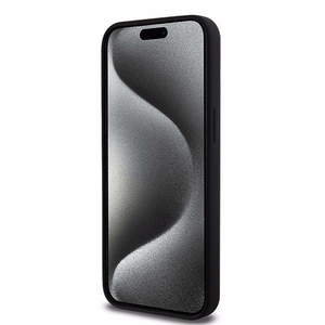 DKNY apvalks no šķidrā silikona MagSafe viedtālrunim iPhone 15 Pro Max ar balto logotipu - melns (m)