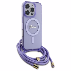 Guess Crossbody Cord Script Magnētiskais viedtālruņa apvalks iPhone 16 Pro Max - violets