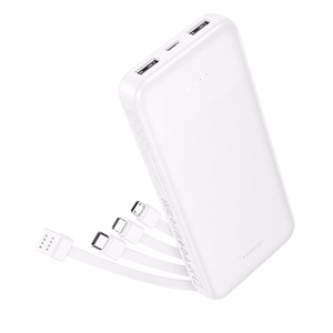 Portatīvais lādētājs Hoco 10000 mAh 2A ar četriem iebūvētiem kabeļiem USB A + USB C + Lightning + Micro USB J163 balts