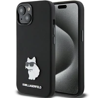 Karl Lagerfeld silikona Choupette Metal Pin viedtālruņa apvalks iPhone 15 Plus / 14 Plus - melns
