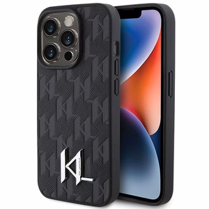 Karl Lagerfeld ādas monogramma karsts zīmogs metāla logotips viedtālruņa apvalks iPhone 15 Pro - melns