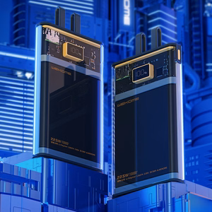 WEKOME WP-323 Vanguard Series ārējais akumulators, 10000 mAh, PD 20 W + QC 22,5 W, ar iebūvētiem USB-C un Lightning kabeļiem, melns un caurspīdīgs