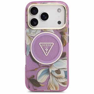 Guess IML Glitter Flowers Triangle MagSafe maciņš modelim iPhone 17 Pro / 18 Pro – violets