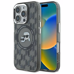 Karl Lagerfeld IML Monogramma Karl & Choupette Head Magnētiskais viedtālruņa apvalks iPhone 16 Pro - melns
