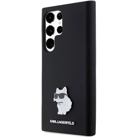 Karl Lagerfeld silikona Choupette metāla piespraude viedtālruņa apvalks Samsung Galaxy S23 Ultra - melns