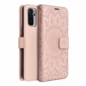 MEZZO grāmatas tipa viedtālruņa apvalks XIAOMI Redmi Note 10 / 10S ar mandalu, rozā zelta krāsas