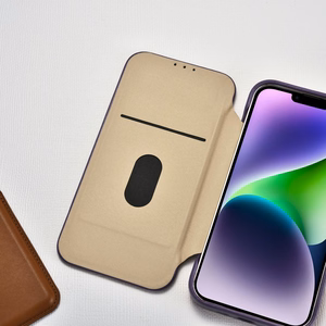 iCarer CE Premium ādas folio viedtālruņa apvalks iPhone 14 Plus magnētiskais atveramais ādas folio apvalks MagSafe tumši violeta