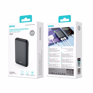 BWOO portatīvais lādētājs P72 QC 22.5W PD 20W 5000 mAh ar 2 x USB-A un 1 x USB-C pieslēgvietām, melns