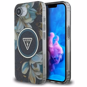 Guess IML Metal Glitter Flowers Triangle magnētiskais viedtālruņa apvalks iPhone 16e - melns