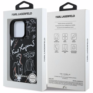 Karl Lagerfeld Grained Pattern & Logo MagSafe Maciņš for iPhone 16 Pro Max - melns