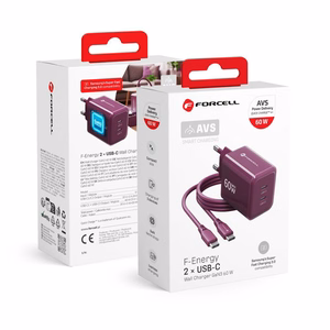 Bordo krāsas 60 W sienas lādētājs Forcell F-Energy GaN III Crystal Color VT-60, 2 × USB-C, AVS/PPS, ar 1 m 60 W silikona USB-C–USB-C kabeli