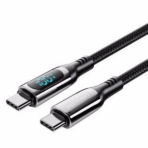 Vention kokvilnas pīts USB 2.0 C Male uz C Male 5A kabelis ar LED displeju 1.2M, melns, cinka sakausējums
