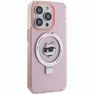 Karl Lagerfeld KLHMP15LHMRSCHP iPhone 15 Pro 6.1" rozā/rozā cietais apvalks ar gredzena statīvu Choupette Galva Magnētiskais