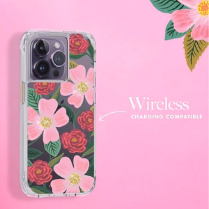 Rifle Paper Clear vāciņš ierīcei iPhone 14 Pro, ar zelta krāsas rotājumu, ar “Rose Garden” rakstu