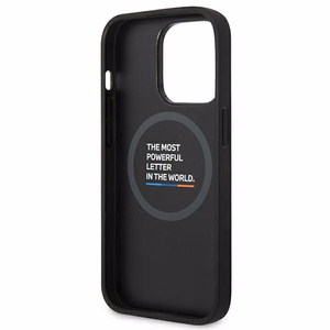 BMW BMHMP14X22PTDK iPhone 14 Pro Max 6.7 - melns ādas vāciņš ar trīskrāsainu zīmējumu MagSafe
