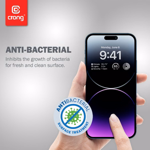Crong Anti-Bacterial 3D Armor Glass 9H visu ekrānu pārklājošs rūdīta stikla aizsargs iPhone 14 Pro Max ar uzstādīšanas rāmi