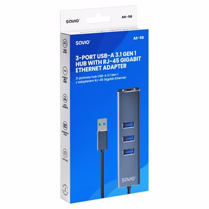 Savio AK-57 USB-A uz 3x USB-A centrmezgls ar RJ-45 Gigabit Ethernet adapteri, USB 3.2 Gen 1, melns/pelēks