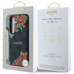 Guess ādas 4G ziedu raksta metāla klasiskais logotips magnētiskais viedtālruņa apvalks Samsung Galaxy S25 - melns