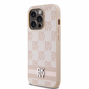 DKNY ādas rūtainais mono raksts un drukātas svītras viedtālruņa apvalks iPhone 14 Pro - rozā