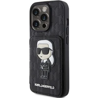 Karl Lagerfeld Saffiano karšu slotiņas un statīvs monogramma Ikonik plāksteris apvalks iPhone 15 Pro - melns