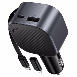 Automašīnas lādētājs Hoco Z68, USB-A + USB-C, PD QC3.0, 45 W, ar izvelkamu USB-C kabeli, melns