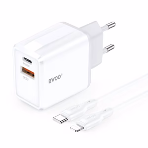 BWOO CDA182 Wall Charger QC 38W 1x USB-A + 1x USB-C with USB-C to Lightning cable 1m black