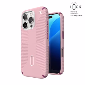 Speck Presidio2 Grip ClickLock & MagSafe vāciņš ierīcei iPhone 16 Pro, Wednesday Pink / Boysenberry Purple / balts
