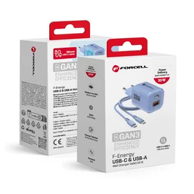 FORCELL F-ENERGY Crystal Color GaN III VT-41 ceļojumu lādētājs ar silikona kabeli ar 1 x Type C + 1x USB A ligzdām, PD QC4.0 33W zils