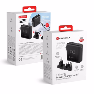 FORCELL F-ENERGY daudzfunkcionāls lādētājs 45W 6in1 ar USB A un USB C ligzdām, portatīvais lādētājs 15000mAh un bezvadu uzlāde 15W