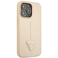 Guess GUHCP14LPSATLE iPhone 14 Pro 6,1 beiges krāsas kietais viedtālruņa apvalks SaffianoTriangle Logo